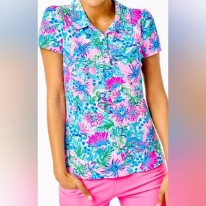 L pulitzer NWT UPF50 Luxletic Frida Puff Sleeve Polo Mandevilla Baby Paradis XS